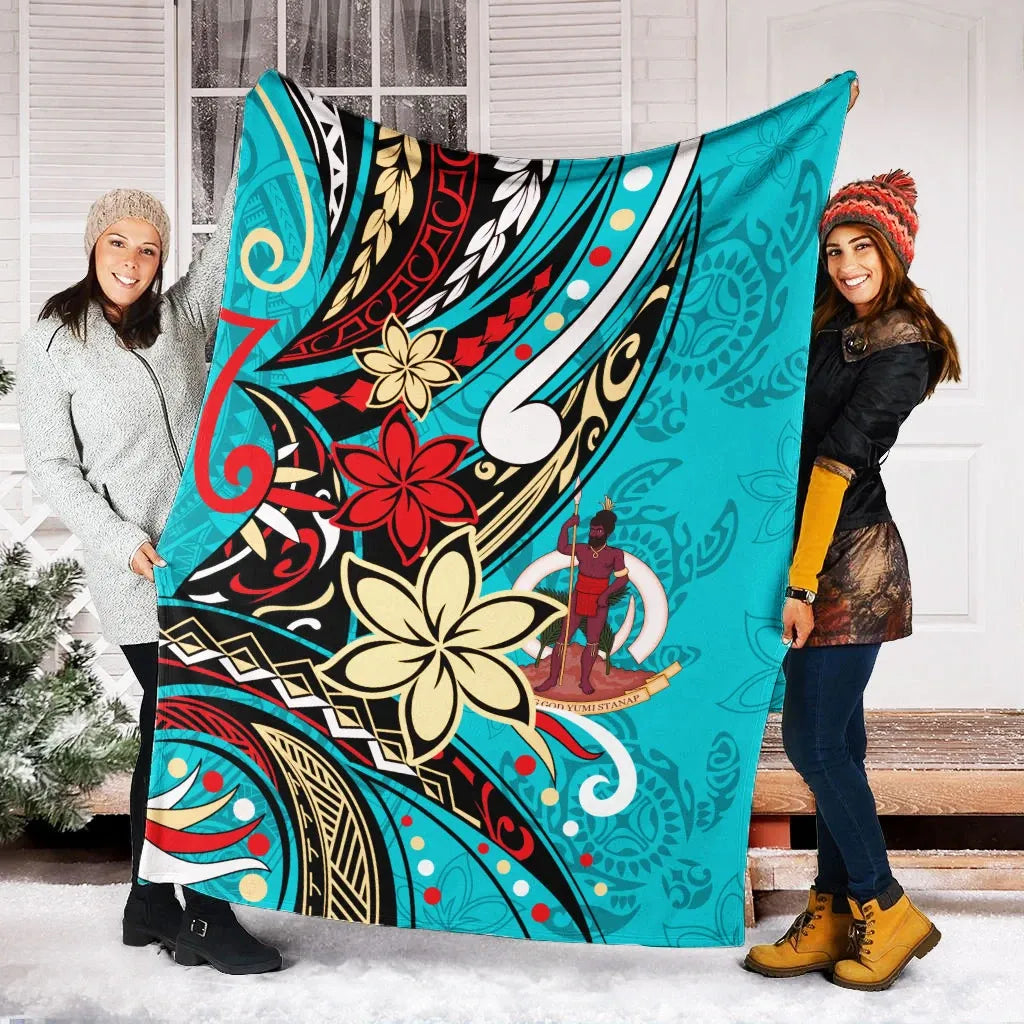 Vanuatu Premium Blanket - Tribal Flower With Special Turtles Blue Color