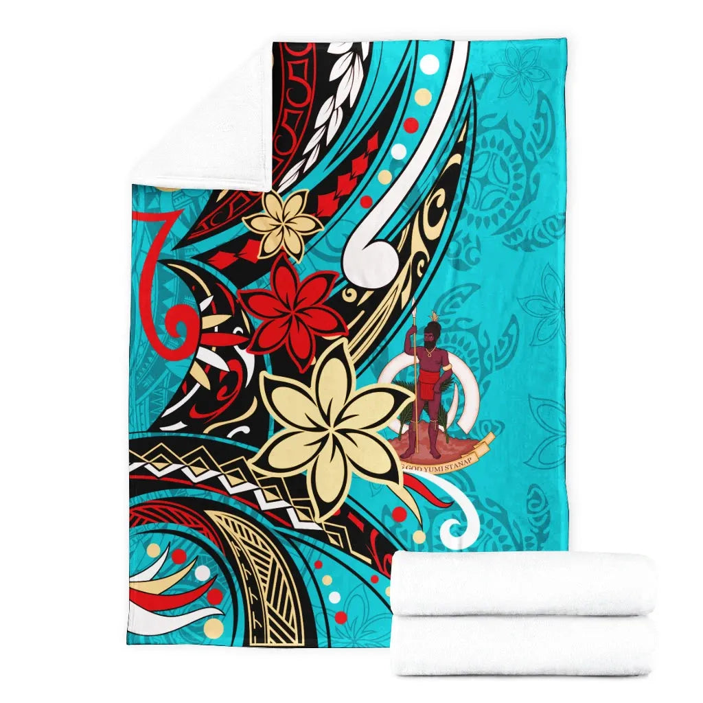 Vanuatu Premium Blanket - Tribal Flower With Special Turtles Blue Color