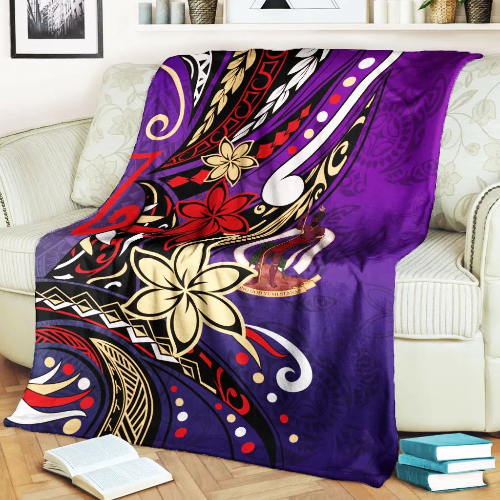 Vanuatu Premium Blanket - Tribal Flower With Special Turtles Purple Color