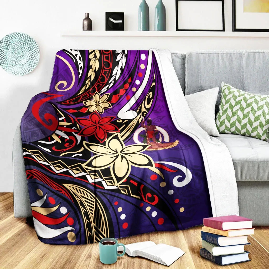 Vanuatu Premium Blanket - Tribal Flower With Special Turtles Purple Color