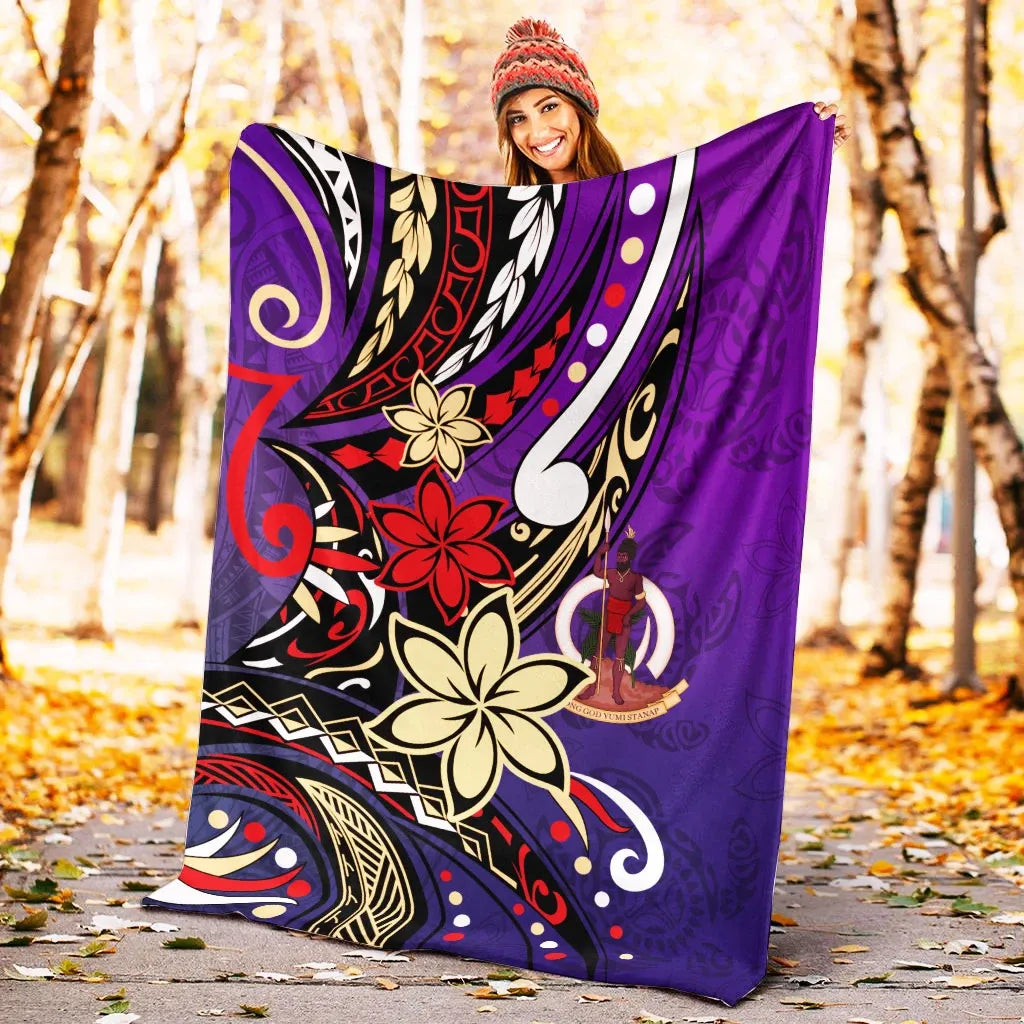 Vanuatu Premium Blanket - Tribal Flower With Special Turtles Purple Color