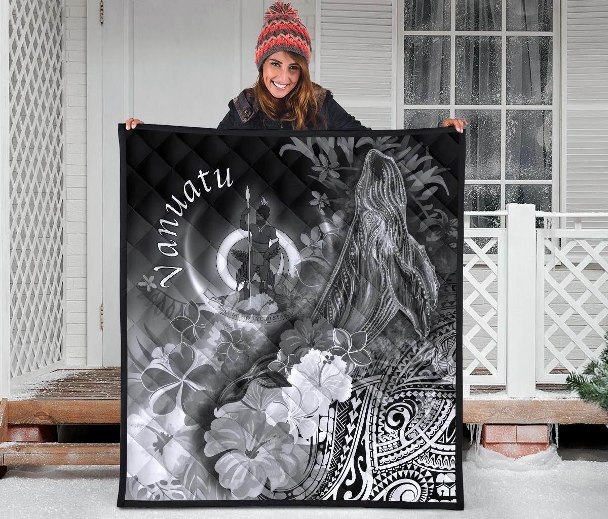 Vanuatu Premium Quilt - Humpback Whale with Tropical Flowers (White)