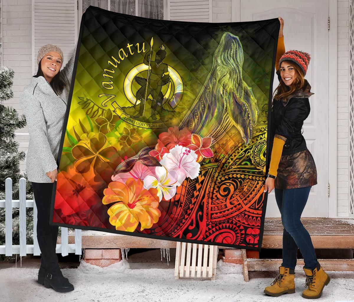 Vanuatu Premium Quilt - Humpback Whale with Tropical Flowers (Yellow)