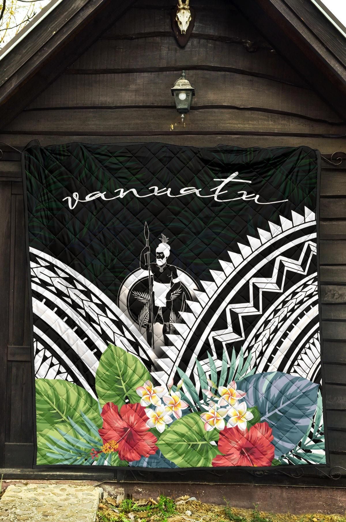 Vanuatu Premium Quilt - Vanuatu Coat of Arms & Polynesian Tropical Flowers White