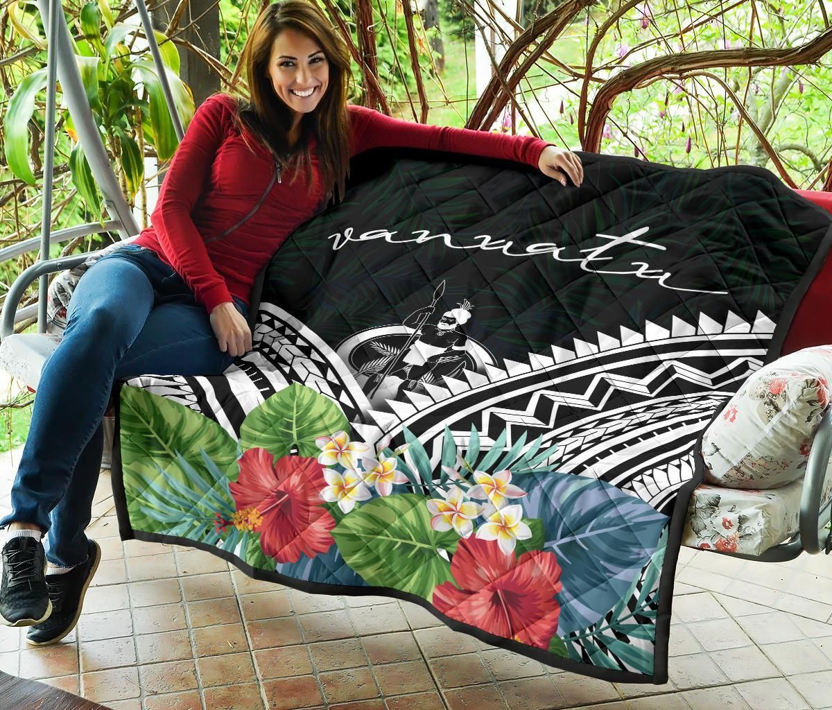 Vanuatu Premium Quilt - Vanuatu Coat of Arms & Polynesian Tropical Flowers White