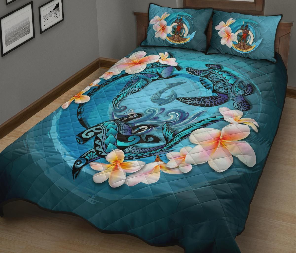 Vanuatu Polynesian Quilt Bed Set - Blue Plumeria Animal Tattoo