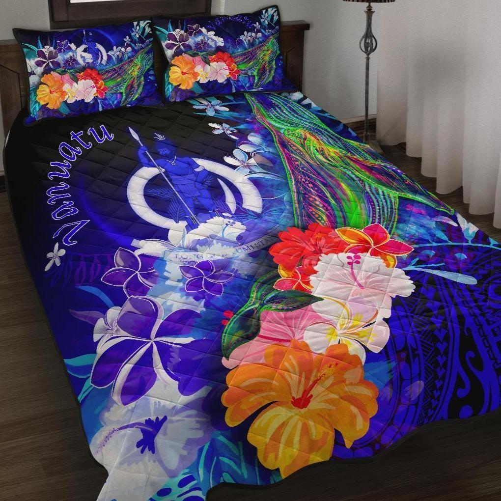 Vanuatu Quilt Bed Set - Humpback Whale with Tropical Flowers (Blue)