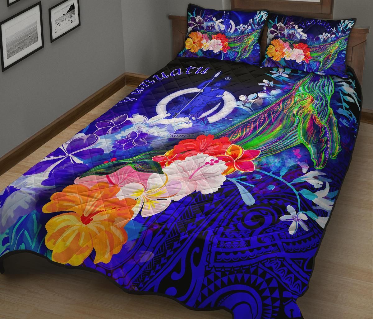 Vanuatu Quilt Bed Set - Humpback Whale with Tropical Flowers (Blue)