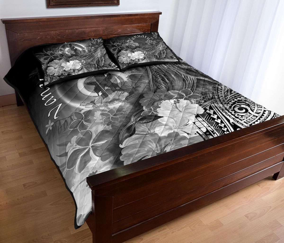 Vanuatu Quilt Bed Set - Humpback Whale with Tropical Flowers (White)