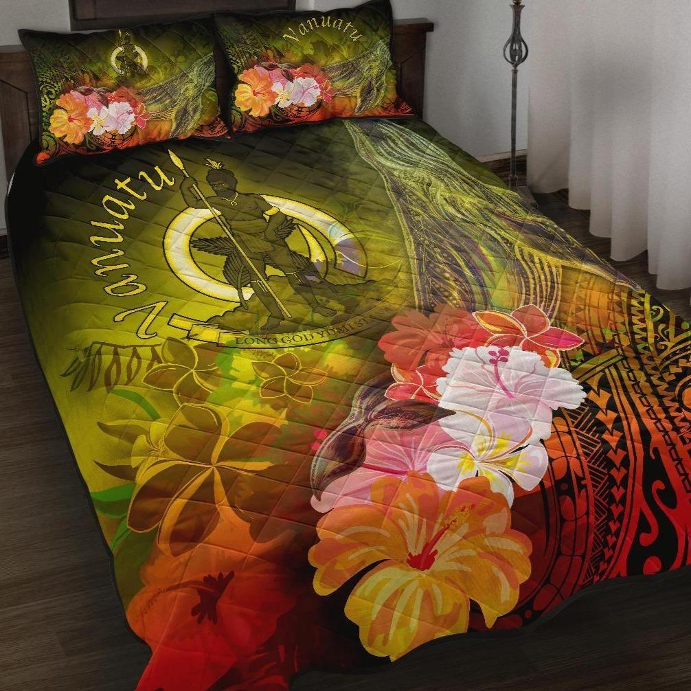 Vanuatu Quilt Bed Set - Humpback Whale with Tropical Flowers (Yellow)