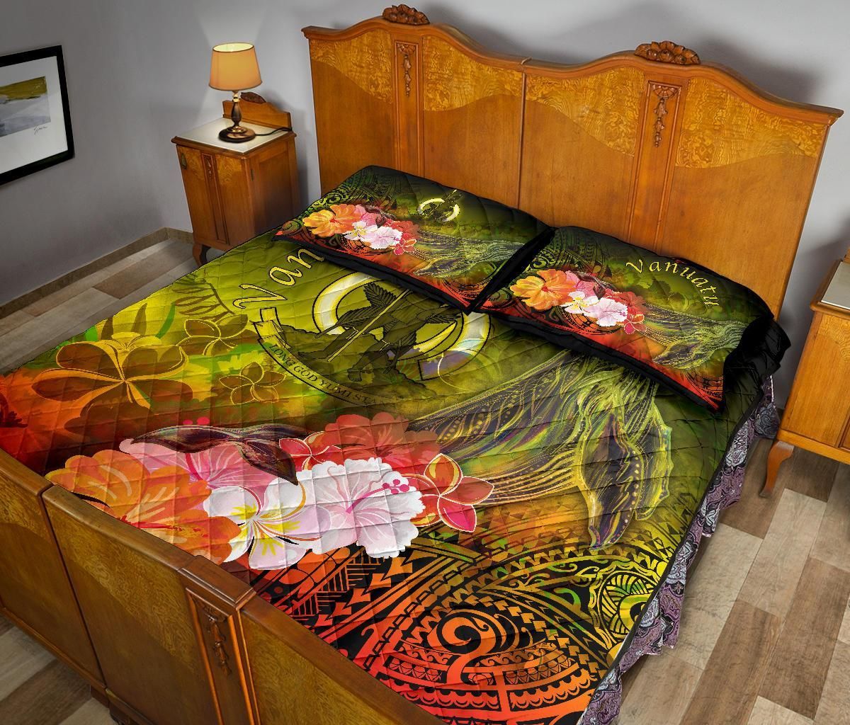 Vanuatu Quilt Bed Set - Humpback Whale with Tropical Flowers (Yellow)