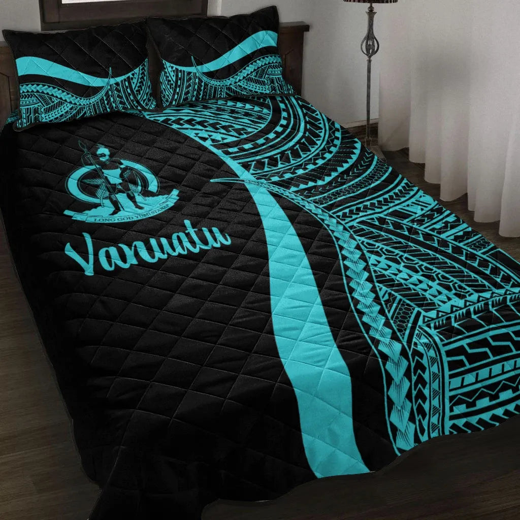 Vanuatu Quilt Bed Set - Turquoise Polynesian Tentacle Tribal Pattern