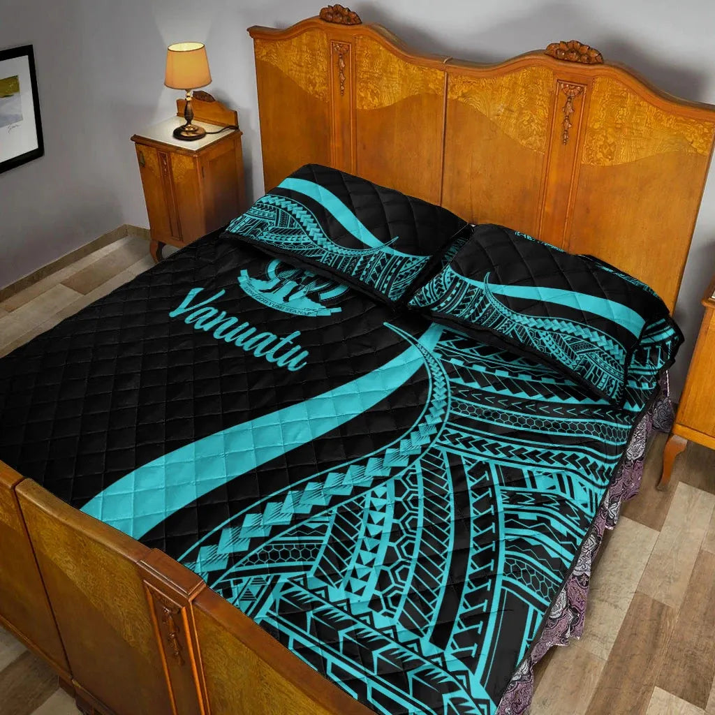 Vanuatu Quilt Bed Set - Turquoise Polynesian Tentacle Tribal Pattern