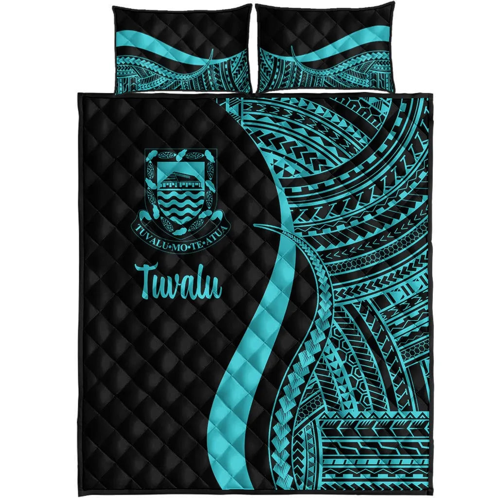 Vanuatu Quilt Bed Set - Turquoise Polynesian Tentacle Tribal Pattern
