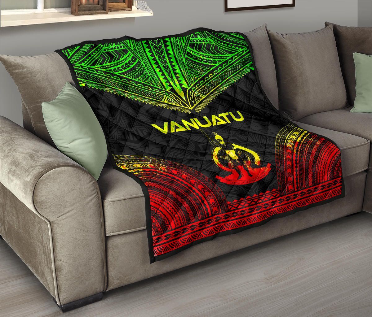 Vanuatu Premium Quilt - Vanuatu Coat Of Arms Polynesian Chief Reggae Version