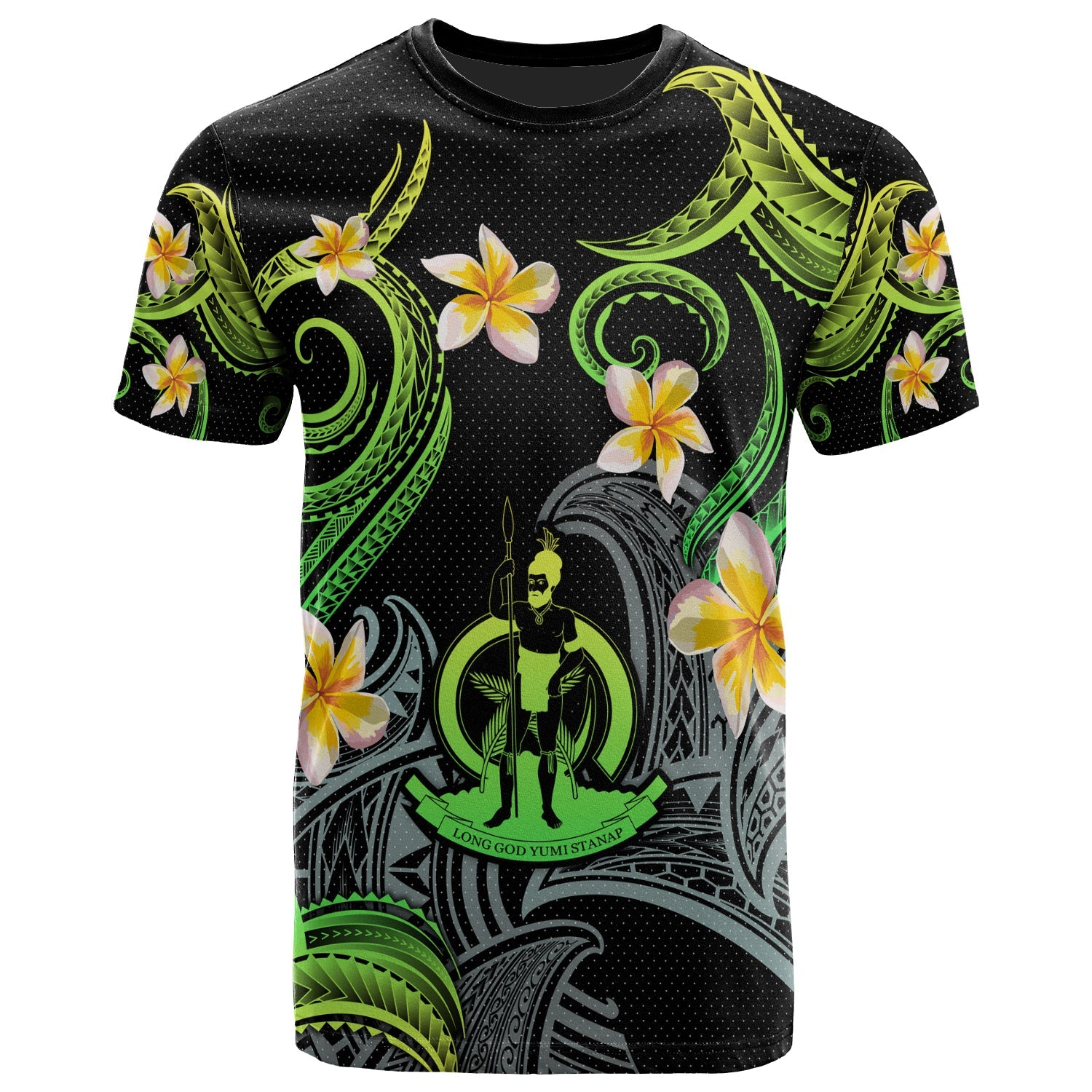 Vanuatu T-shirt - Custom Personalised Polynesian Waves with Plumeria Flowers (Green)