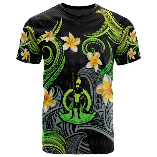 Vanuatu T-shirt - Custom Personalised Polynesian Waves with Plumeria Flowers (Green)