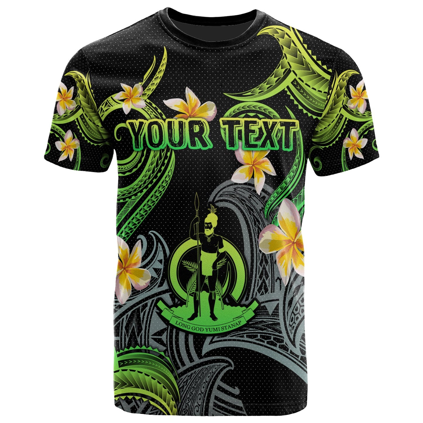 Vanuatu T-shirt - Custom Personalised Polynesian Waves with Plumeria Flowers (Green)