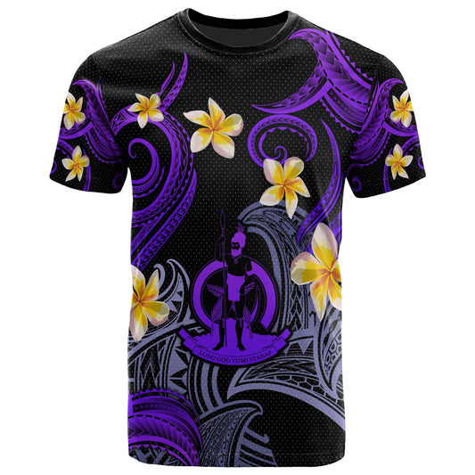 Vanuatu T-shirt - Custom Personalised Polynesian Waves with Plumeria Flowers (Purple)