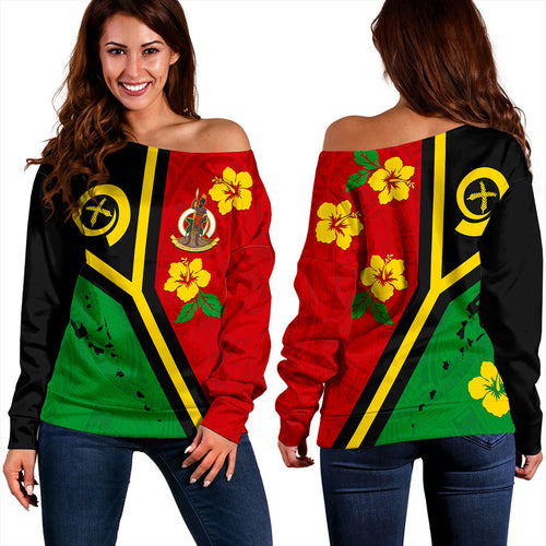 Vanuatu Off Shoulder Sweatshirt Tribal Polynesia Tattoo With Map