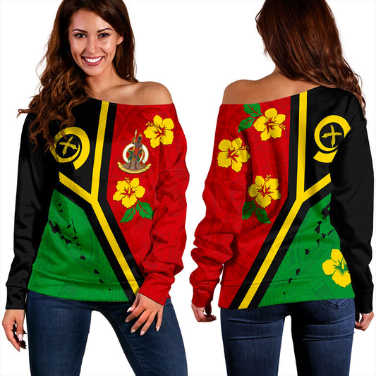 Vanuatu Off Shoulder Sweatshirt Tribal Polynesia Tattoo With Map