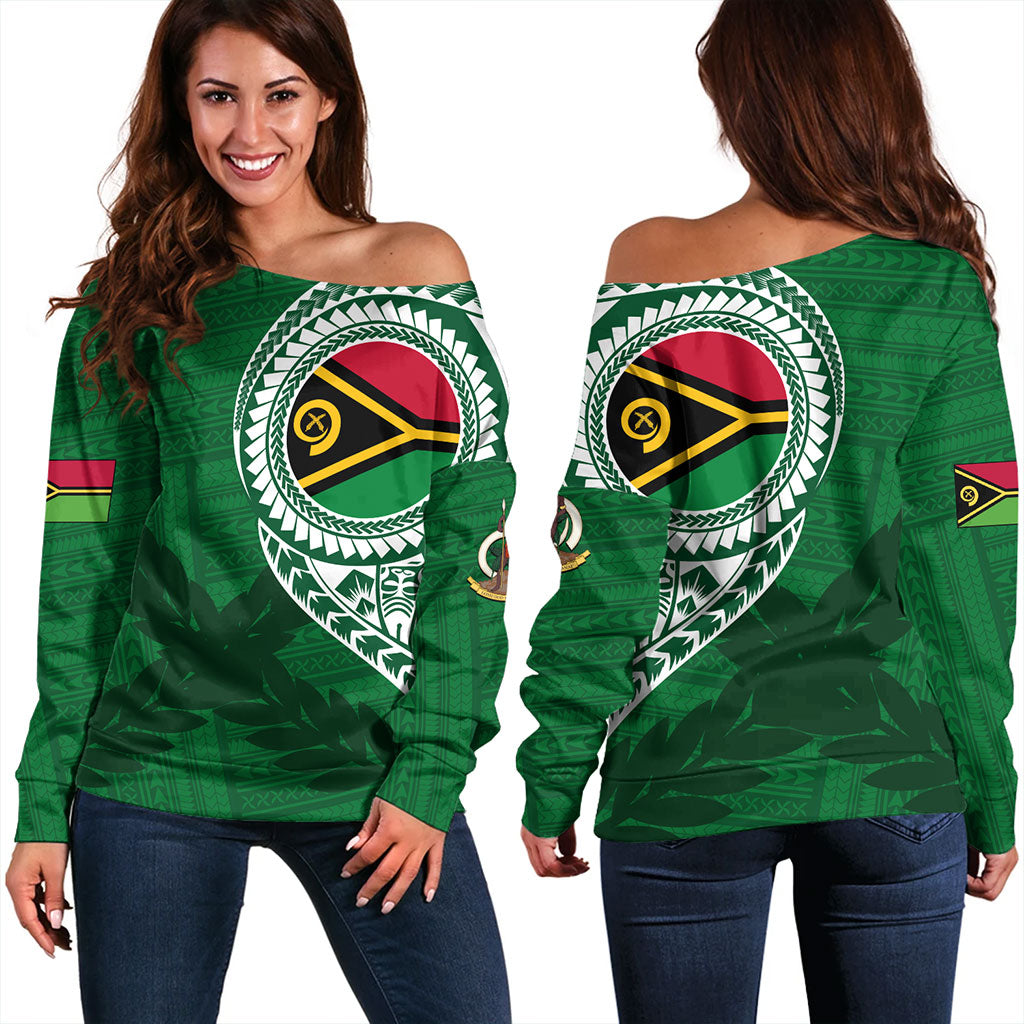 Vanuatu Off Shoulder Sweatshirt Tribal Melanesia Leaf