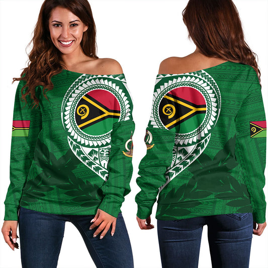 Vanuatu Off Shoulder Sweatshirt Tribal Melanesia Leaf