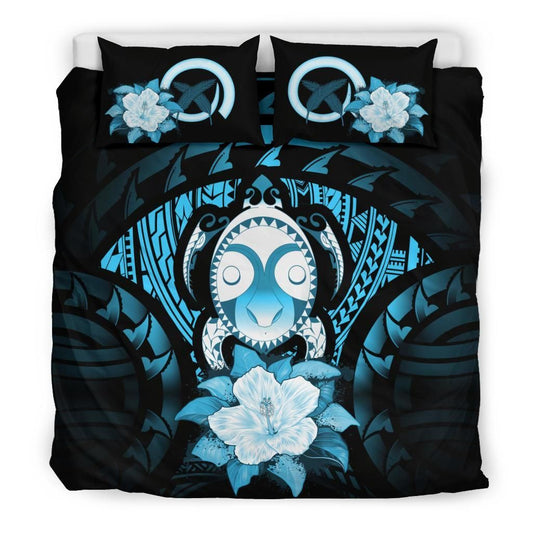 Vanuatu Duvet Cover Set - Turtle Tiki Face &Turquoise Hibiscus