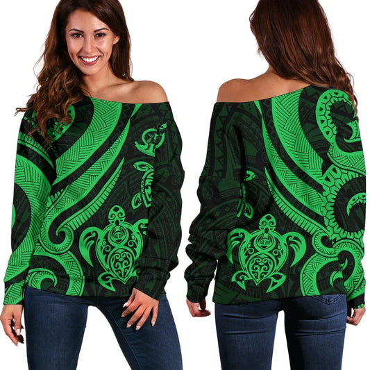Vanuatu Women Off Shoulder Sweater - Green Tentacle Turtle