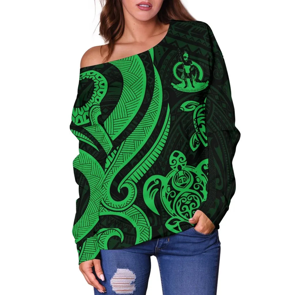 Vanuatu Women Off Shoulder Sweater - Green Tentacle Turtle