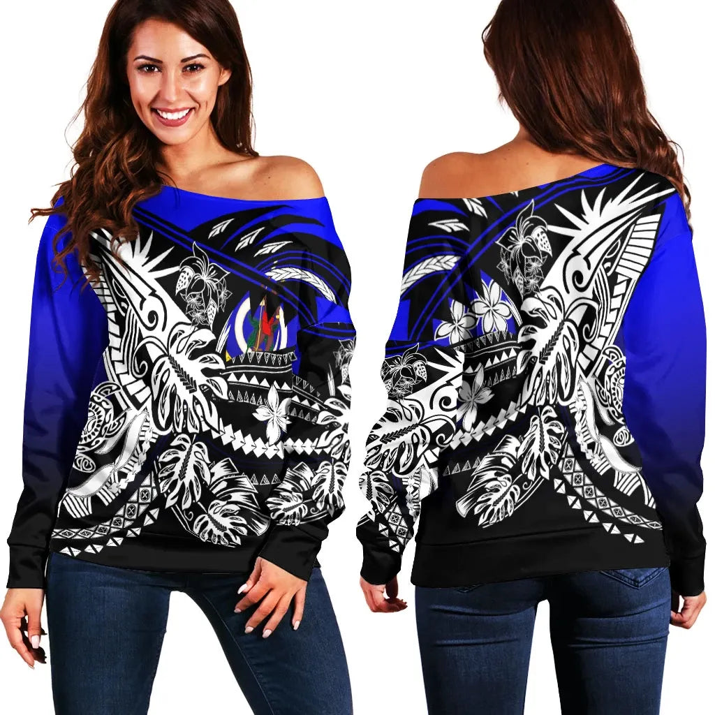 Vanuatu Women Off Shoulder Sweaters - Tribal Jungle Pattern Blue Color