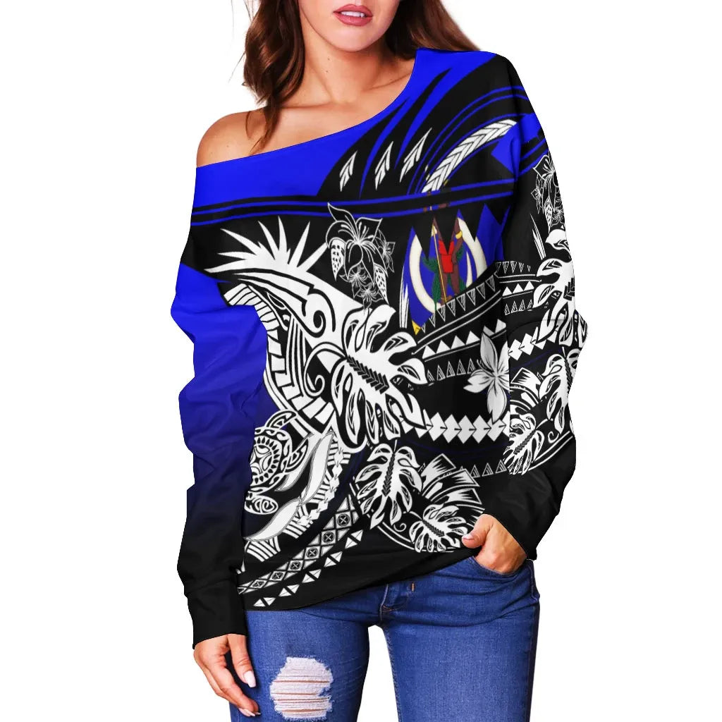Vanuatu Women Off Shoulder Sweaters - Tribal Jungle Pattern Blue Color