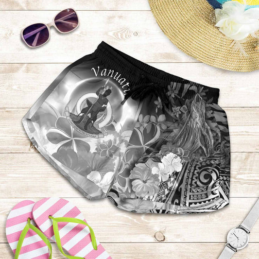 Vanuatu Women Shorts - Humpback Whale with Tropical Flowers (White)