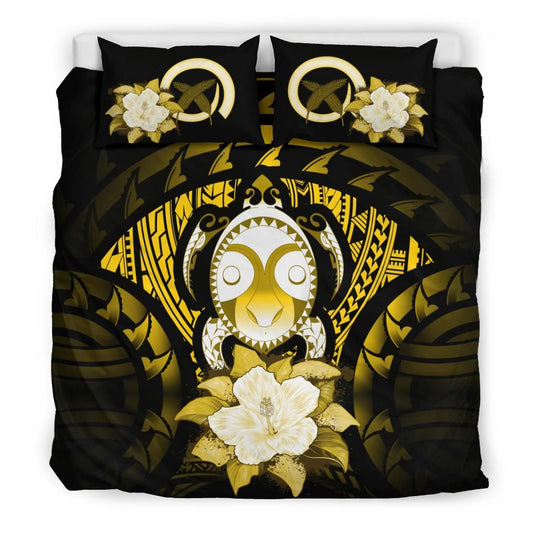 Vanuatu Duvet Cover Set - Turtle Tiki Face & Yellow Hibiscus
