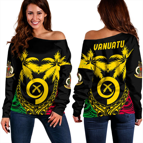 Vanuatu Off Shoulder Sweatshirt Tribal Pattern Coconut