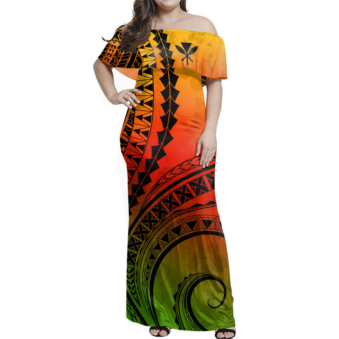 Hawaii Woman Off Shoulder Long Dress Kanaka Polynesia Tattoo Reggae