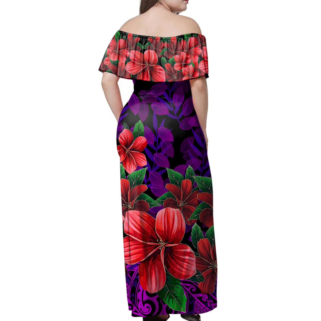 Polynesian Off Shoulder Long Dress Plumeria Tropical Leaf