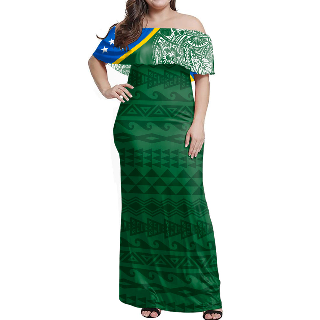 Solomon Islands Woman Off Shoulder Long Dress Polynesian Flag With Coat Of Arms