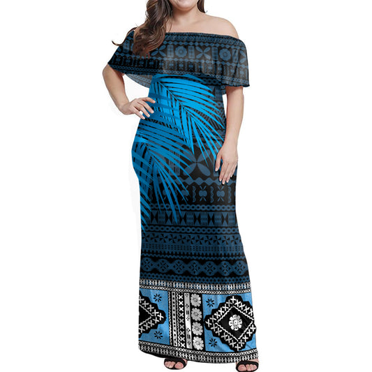 Fiji Woman Off Shoulder Long Dresst Bula Special Fabric Leaves