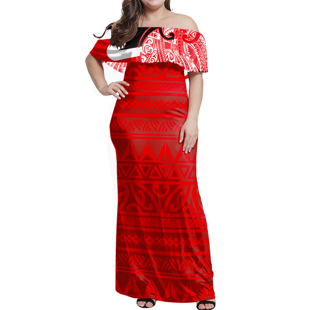 New Zealand Woman Off Shoulder Long Dress Polynesian Flag With Coat Of Arms