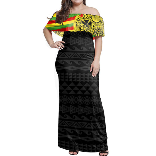 Hawaii Woman Off Shoulder Long Dress Kanaka Polynesian Flag With Coat Of Arms