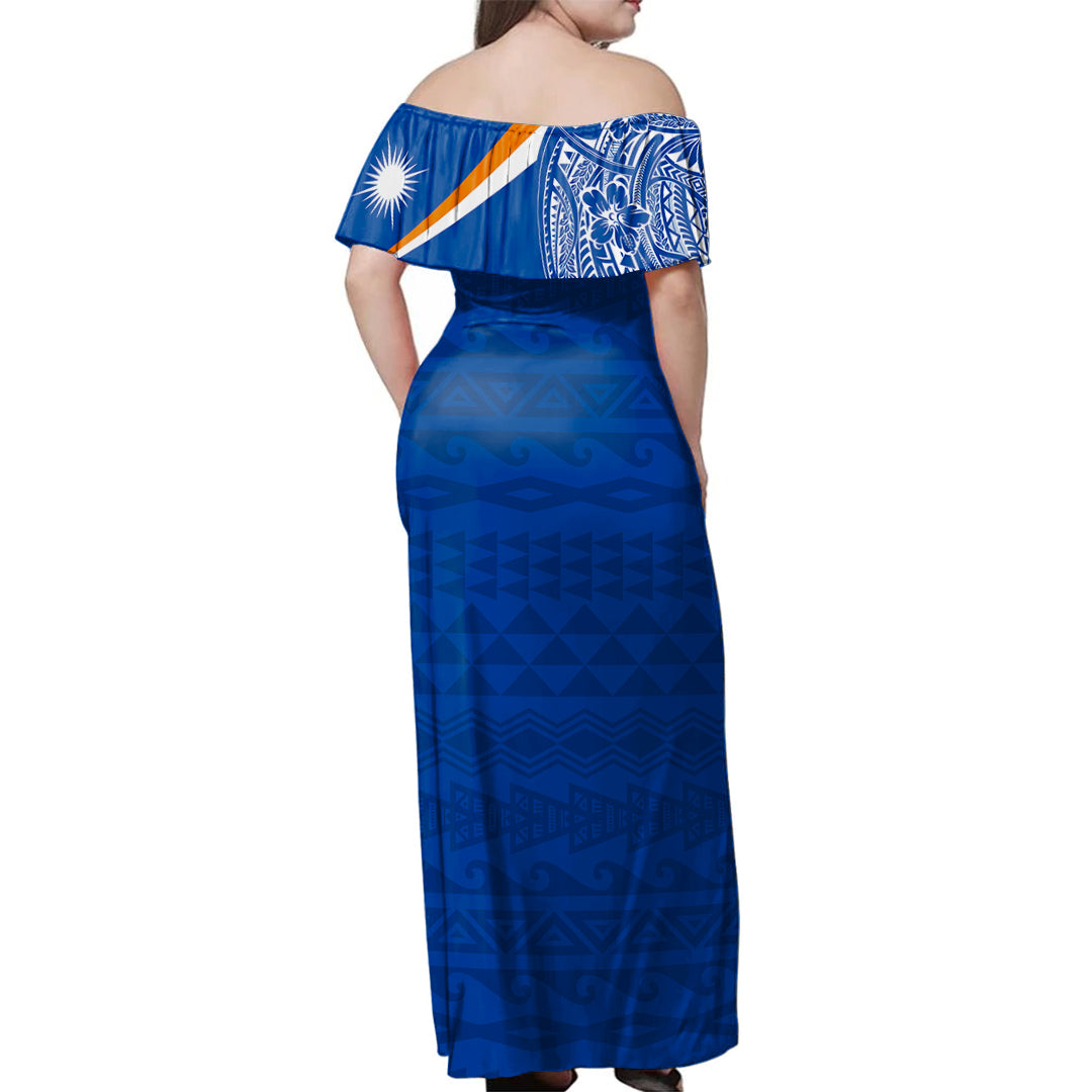 Marshall Islands Woman Off Shoulder Long Dress Polynesian Flag With Coat Of Arms