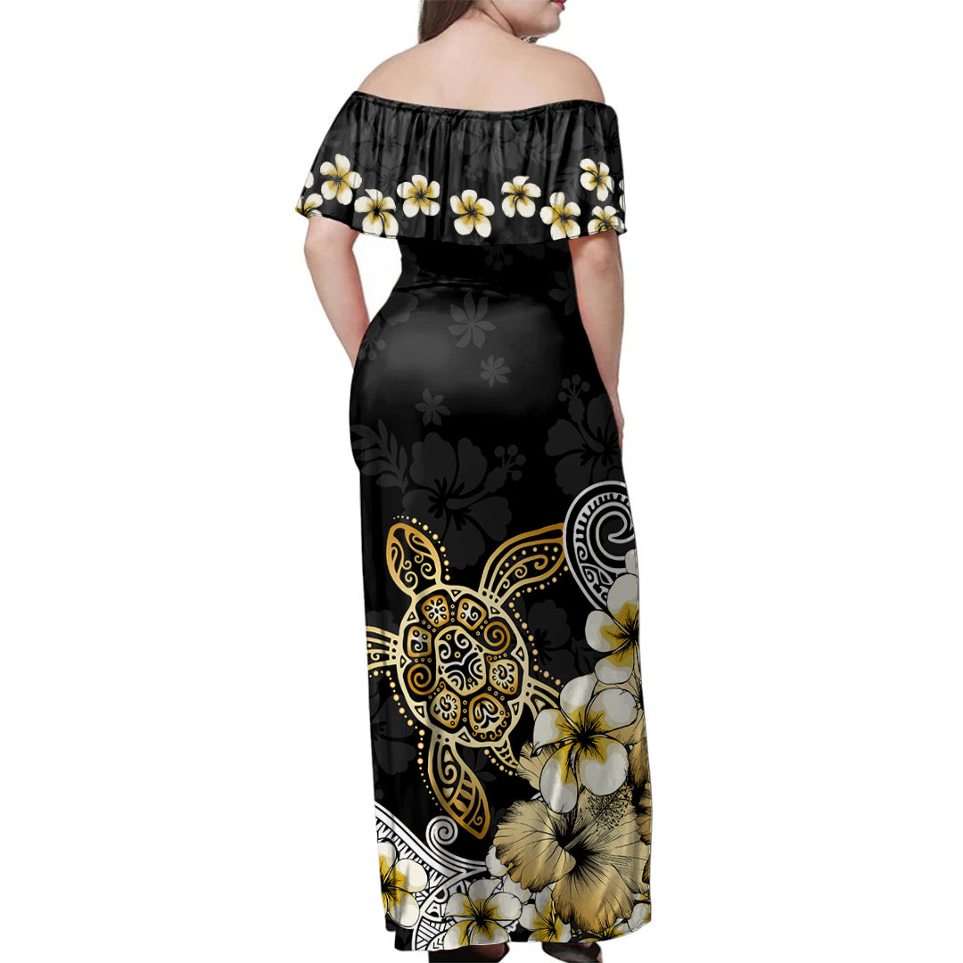 Hawaii Woman Off Shoulder Long Dress Turtle Gold Tropical