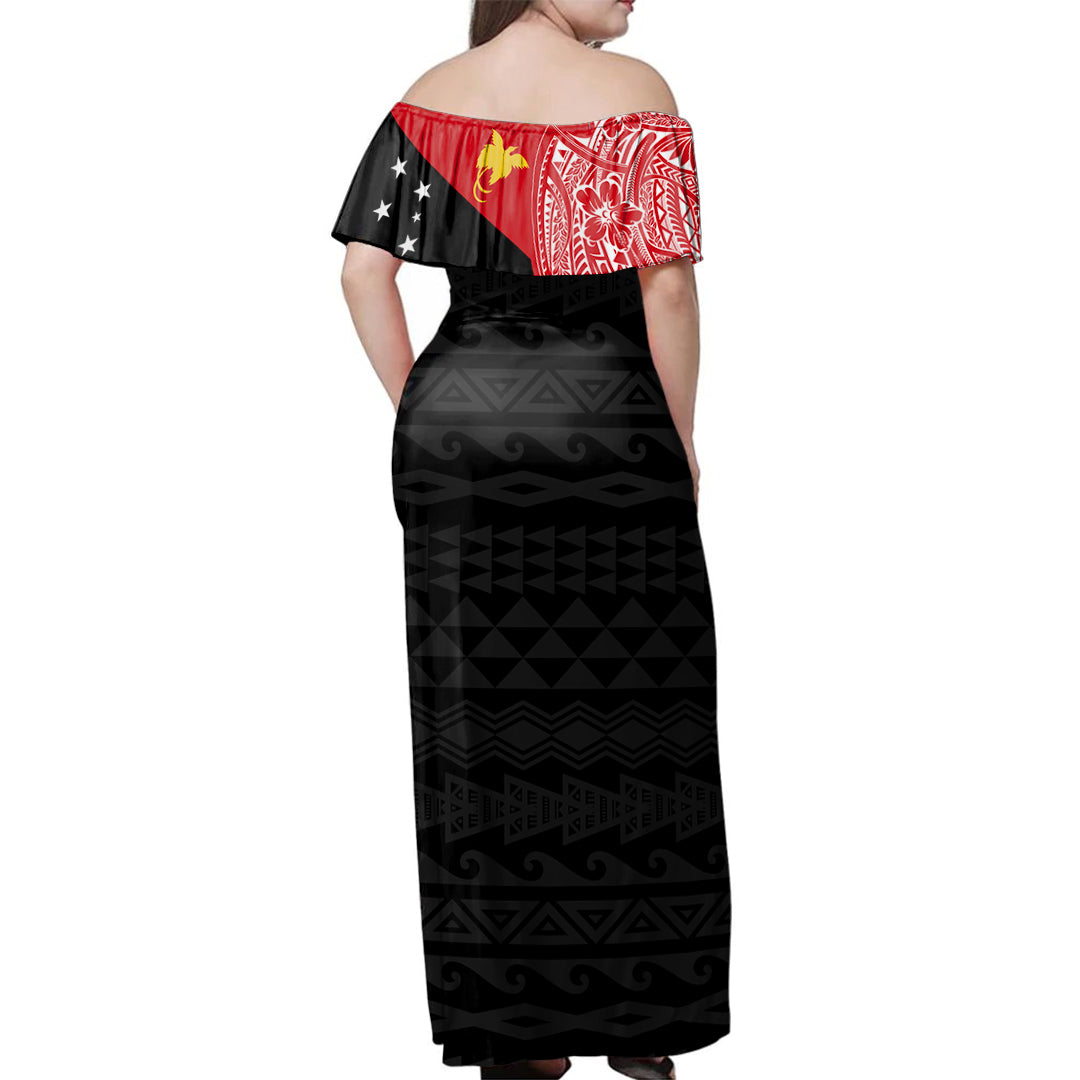 Papua New Guinea Woman Off Shoulder Long Dress Polynesian Flag With Coat Of Arms
