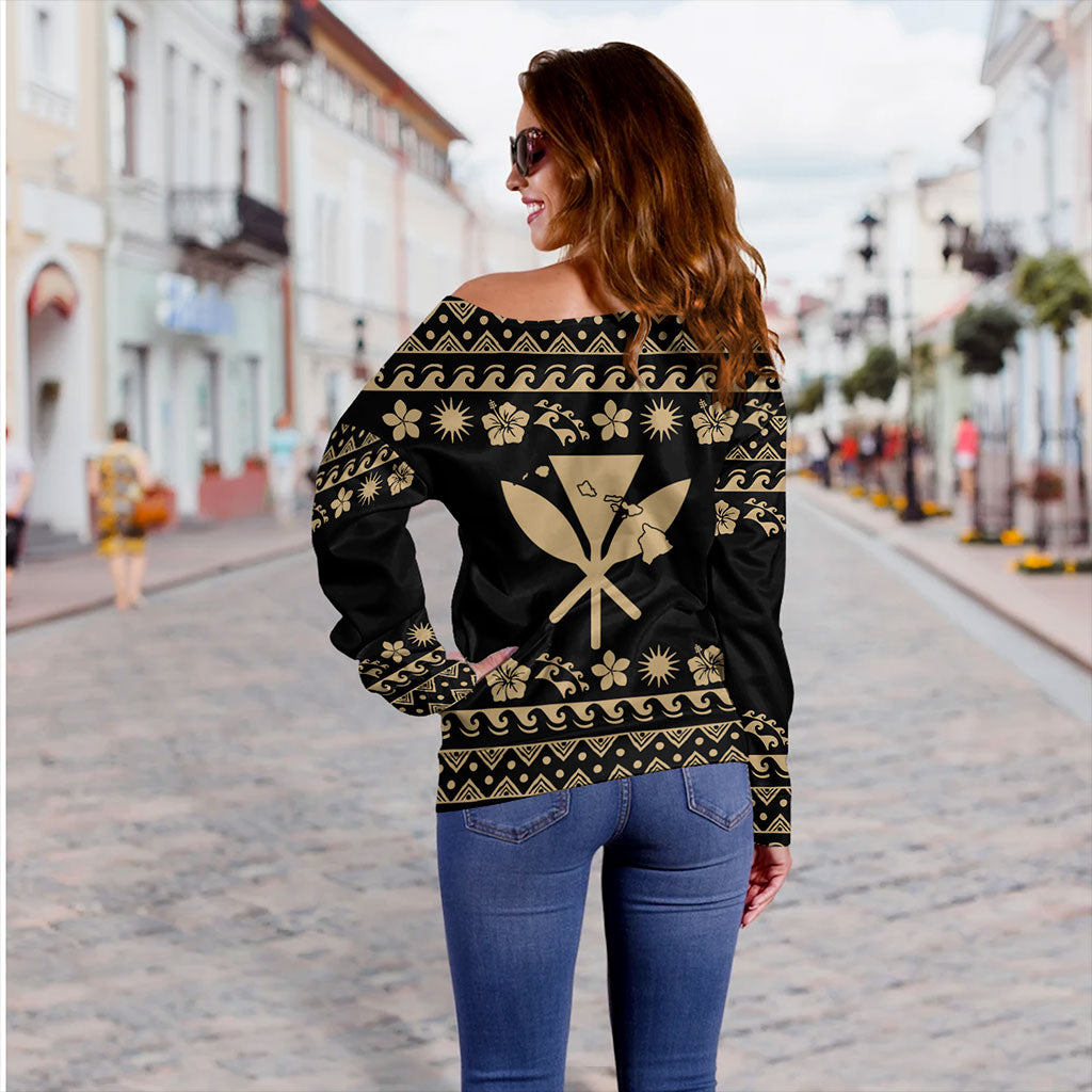 Hawaii Off Shoulder Sweatshirt Kanaka Map Vintage Set Hawaiian Symbols