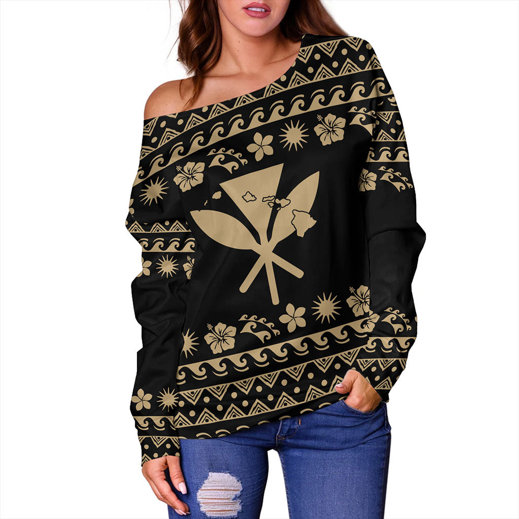 Hawaii Off Shoulder Sweatshirt Kanaka Map Vintage Set Hawaiian Symbols