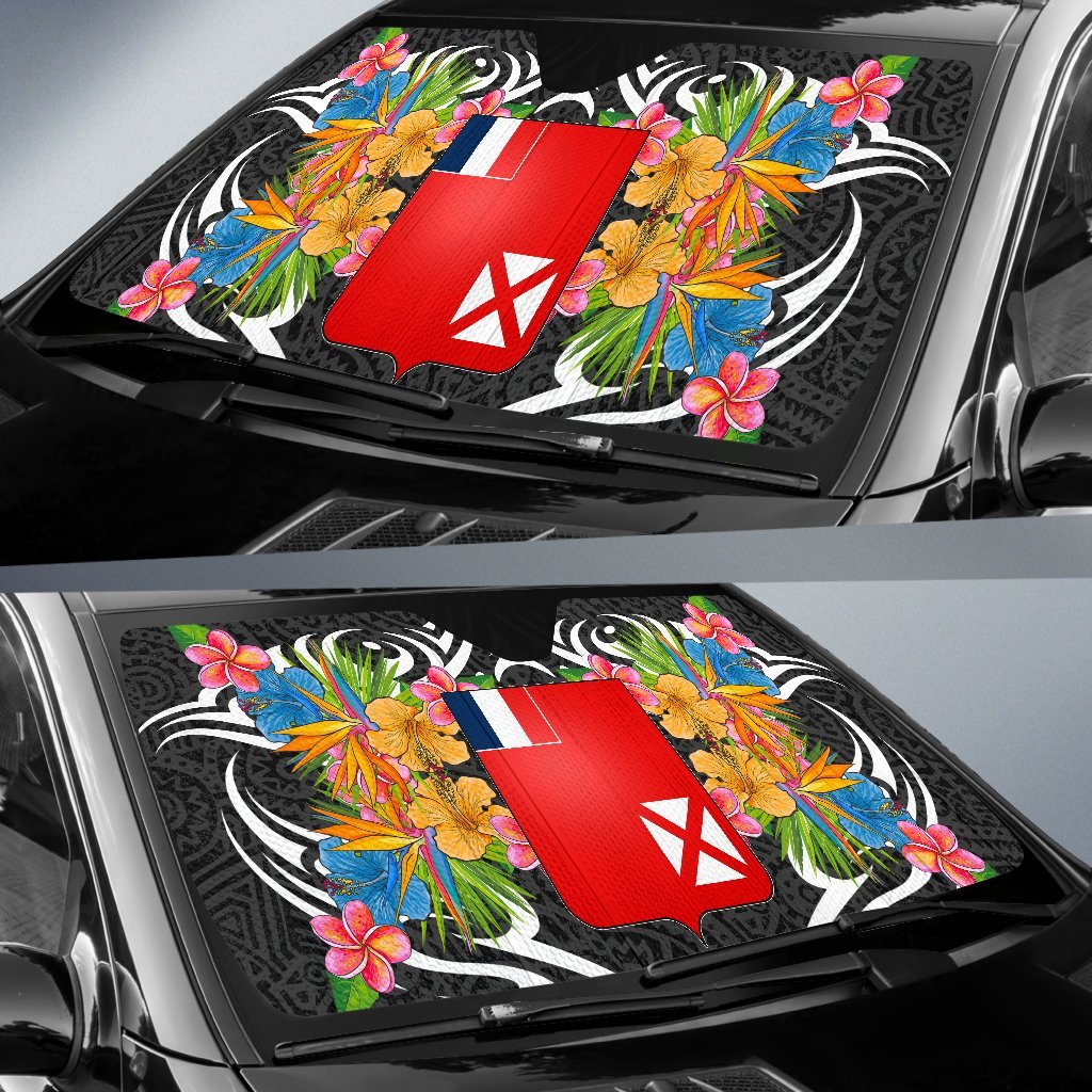 Wallis & Futuna Auto Sun Shades - Coat Of Arms With Tropical Flowers