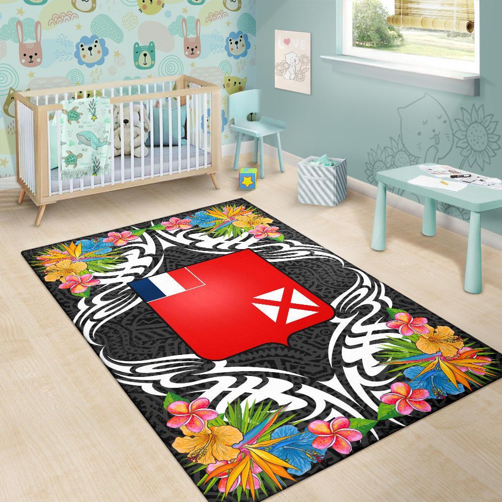 Wallis and Futuna Area Rug - Coat Of Arm With Tropical Flowers