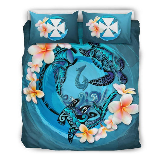 Polynesian Duvet Cover Set - Wallis And Futuna Bedding Set Blue Plumeria Animal Tattoo