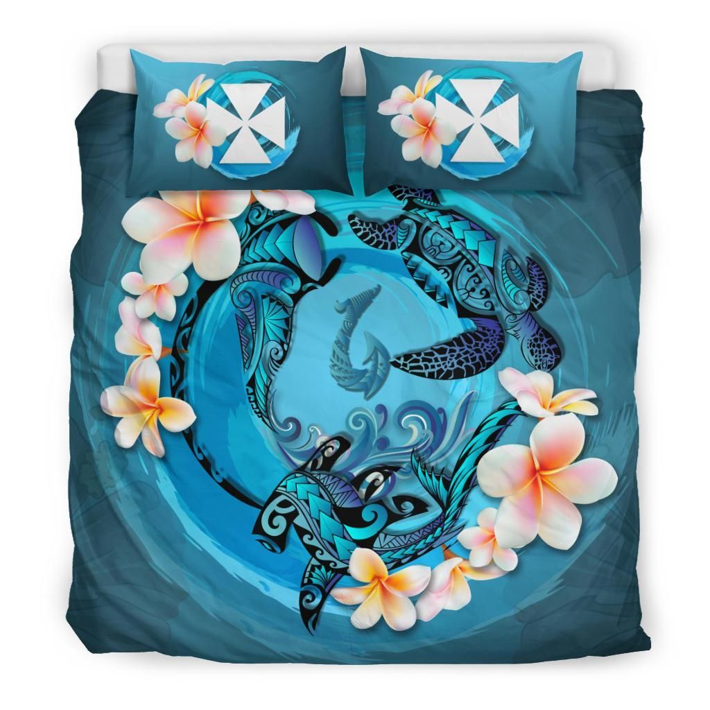 Polynesian Duvet Cover Set - Wallis And Futuna Bedding Set Blue Plumeria Animal Tattoo